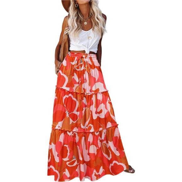 Womens Maxi Skirts, Flowy Skirt with Pockets Orange - Picture 1 of 5